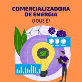 Imagem vetorizada representando uma comercializadora de energia, contendo um rapaz, uma lâmpada, gráficos e engrenagens e imagens de uma energia eólica.