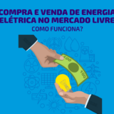 Imagem vetorizada de duas mãos com fundo azul; uma dando dinheiro e a outra dando uma lâmpada que representa a energia elétrica.