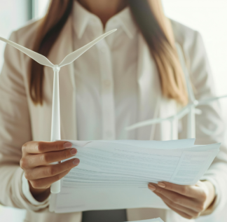 Um mulher segurando um certificado com eólicas ao fundo