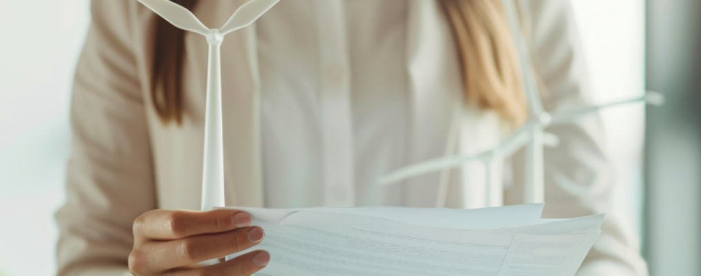 Um mulher segurando um certificado com eólicas ao fundo